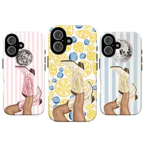 Aesthetic Disco Ball & Western Cowboy Boots Phone Case, Cute Coastal Cowgirl Phone Cover for iPhone 11–17 & Galaxy S21–S25, Coquette Blue & Pink Stripes Tough Case, Mediterranean Summer Fruit Print – Lemon and Blueberry, Trendy Boho Gift for Her