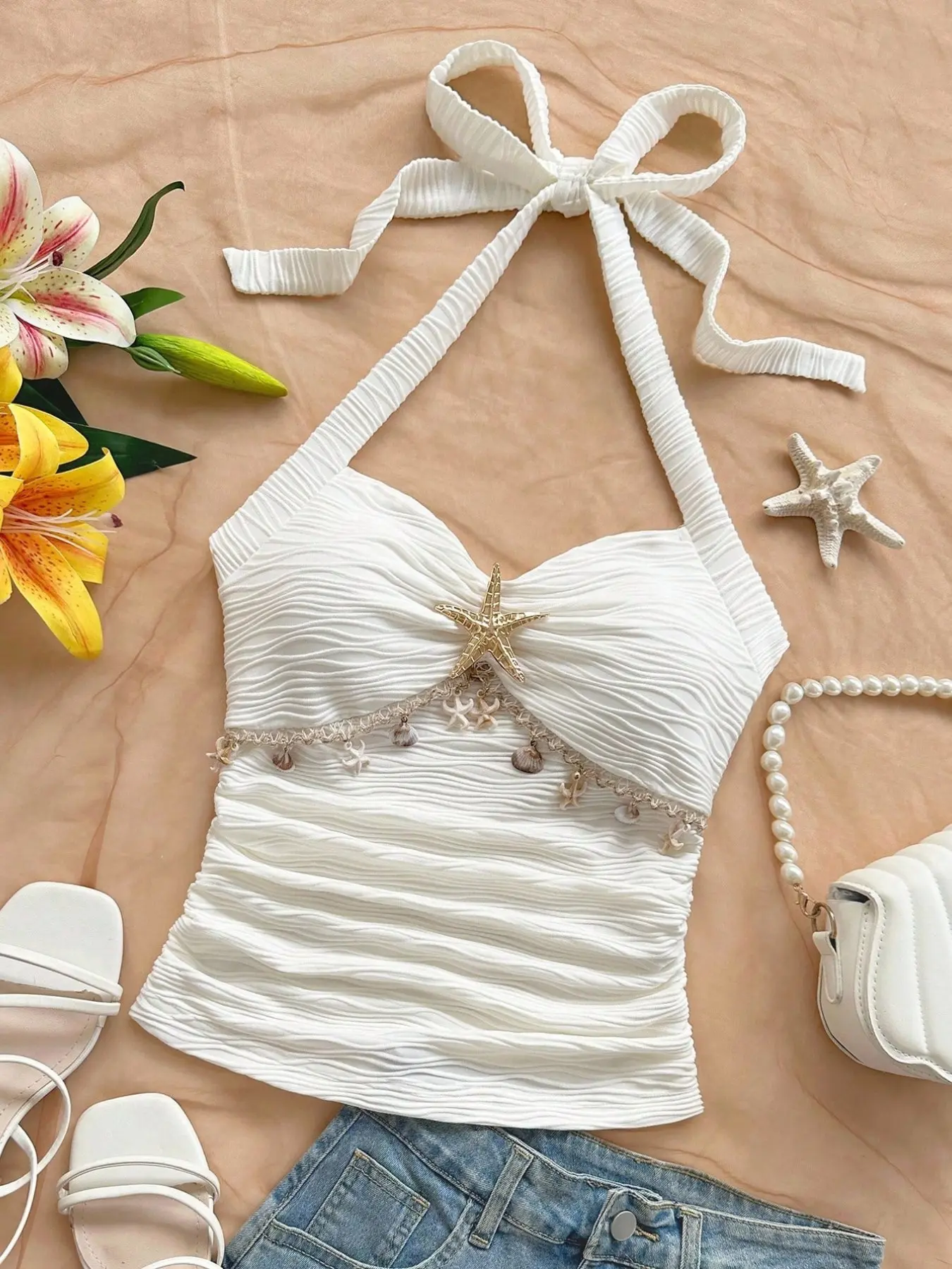Women's Summer Vacation Halter Tie Starfish Shell Decor Lace V-Neck Floral Metal Buckle White Knitted Knit Textured Fitted Tank Top, Casual Halter Top, Slim Fit Blouse, Feminine, For Party, Date, Cruise, Holiday, Beach, Music Festival, Boho Vacation