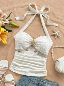 Women's Vacation Halter Tie Starfish Shell Decor Lace V-Neck Floral Metal Buckle White Knit Textured Fitted Tank Top, Slim Fit Blouse, Feminine, For Party, Date, Cruise, Holiday, Beach, Music Festival, Boho Vacation