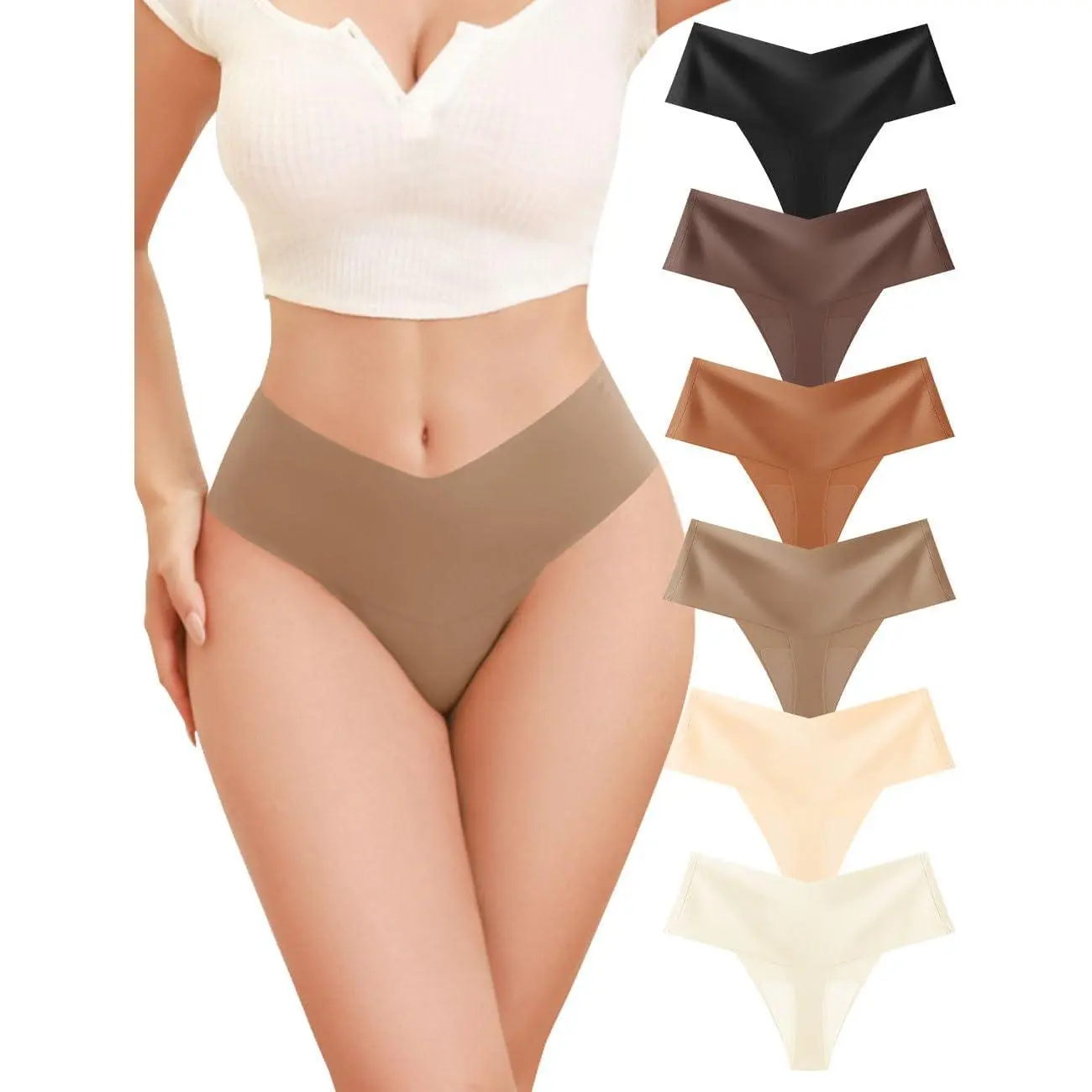 Women's Seamless Knickers - 6-Pack Basic Invisible Seam V-Waisted No-Show Elastane Fit Solid Plain Slimming Effect Briefs for Workout, Yoga, Machine Washable Underwear, Soft Stylish Brief, Fit Panties
