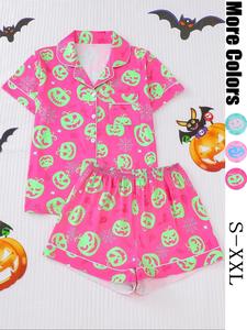 women's pumpkin print short sleeve button shirt & shorts pyjama, casual comfy loungewear for daily home wear, ladies sleepwear for all seasons, pjs