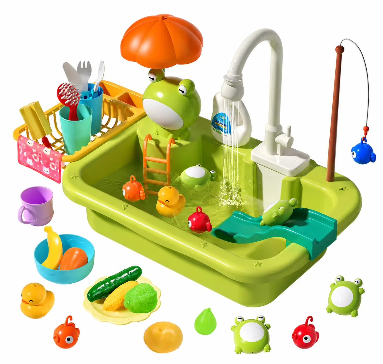 CUTE STONE Play Sink with Running Water, Pretend Play Kitchen Sink with Upgraded Electric Faucet, Realistic kitchen play set learning cookingset Plastic Toy Outdoorfun, summerwins