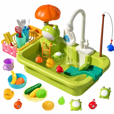 CUTE STONE Play Sink with Running Water, Pretend Play Kitchen Sink with Upgraded Electric Faucet, Realistic kitchen play set learning cookingset Plastic Toy Outdoorfun