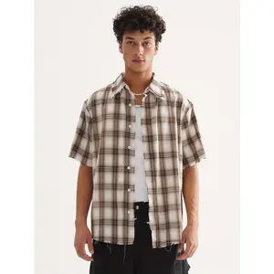 Fall outfitsMen's Casual Plaid Shirt with Frayed Edges - Loose Fit, Cotton Blend, Short Sleeve, Summer Wear Fathersdaygift Overshirt Vintage Tops Menswear Polyester Tropicalblue collar men gifts Shortsleeve Checked Fabric