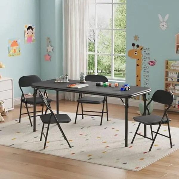 Gaomon 5-Piece Foldable Children's Table and Chairs Set for 10-11 Years - Metal Frame Table, Rounded Edges, Ergonomic Thick PU Leather, Storage, Anti-Pinch Structure, for Gaming, Children's Rooms, Balcony Game Areas
