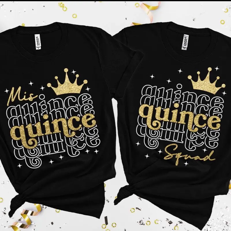 Quinceanera Shirt - Black with Gold Crown and Mis Quince Design for Special Occasions