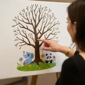 Children Party Decor Fingerprint Tree Canvas Art, DIY Decorative Painting, Wedding Guest Sign-In Alternative, Parent-Child Interactive Romantic Gift, 11.8x15.7in