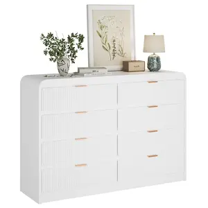 Fluted 8 Drawers Dresser for Bedroom, 55" Wide Wooden Dresser with Metal Handle, Curved Profile Design, Modern Storage Organizer for Living Room, Hallway (White)