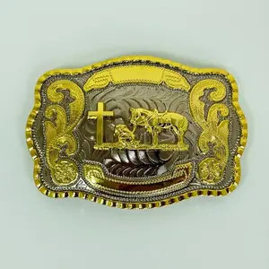 Gold-Tone Praying Cowboy Western Belt Buckle 5.5" x 4" - Hebilla Vaquera Christian Cross - Vintage Gold Silver Rodeo Gift for Men