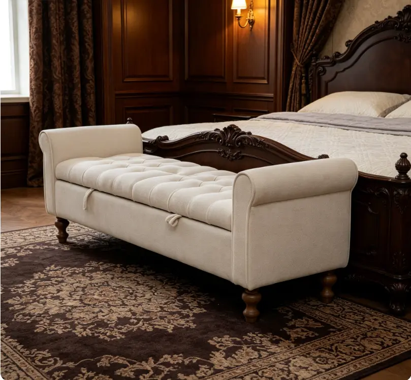 65.75" Wide Beige Modern Upholstered Storage Bench, Double Lids Design Foot Stool with Rolled Armrest, Napped Fabric Bench Daybed with Rubberwood Legs, Versatile Home Furniture for Entryway, Bedroom and Dormitory Decor, Hidden Storage