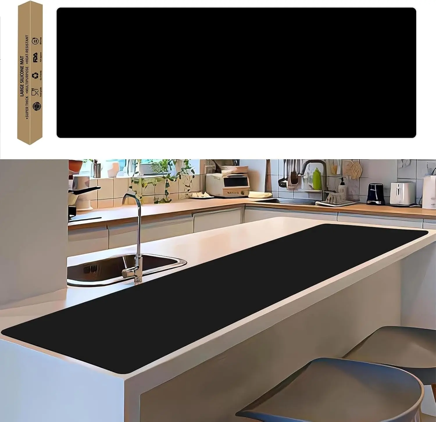 Large 78.7”x 15.7” Extra Thick Silicone Mat Heat Resistant Nonslip Cuttable Waterproof Countertop Protector for Kitchen Island Workbench Black