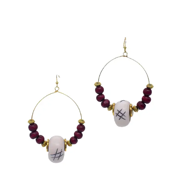 Tic-Tac-Toe Bead Earrings|Cow Bone Bead|Maroon, Cream, & Gold Earrings|African Earrings