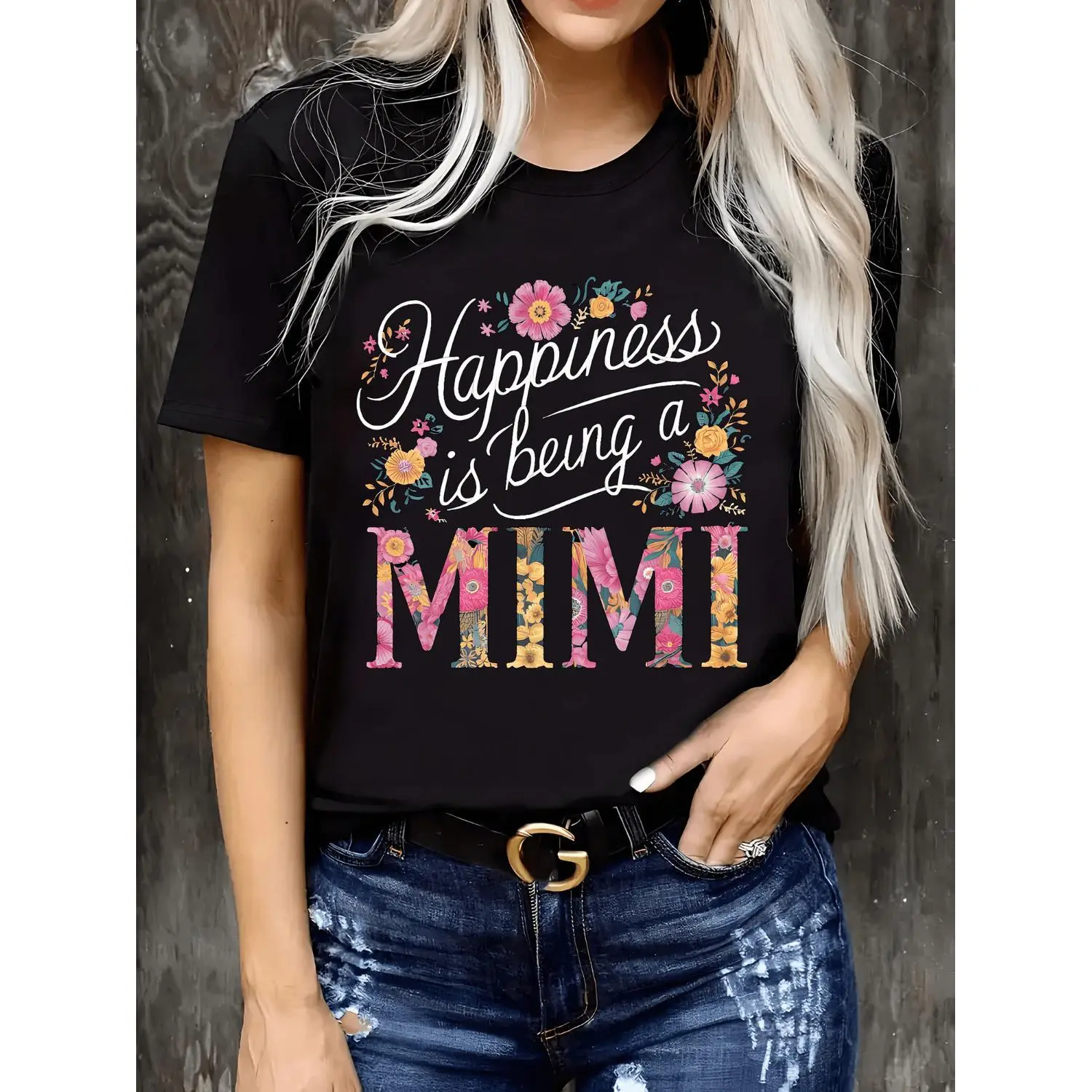 Women S Mimi Graphic Tee with Floral and Colorful Print Featuring Soft Polyester Blend Short Sleeves and Round Neck for Comfortable Casual Summer Wear