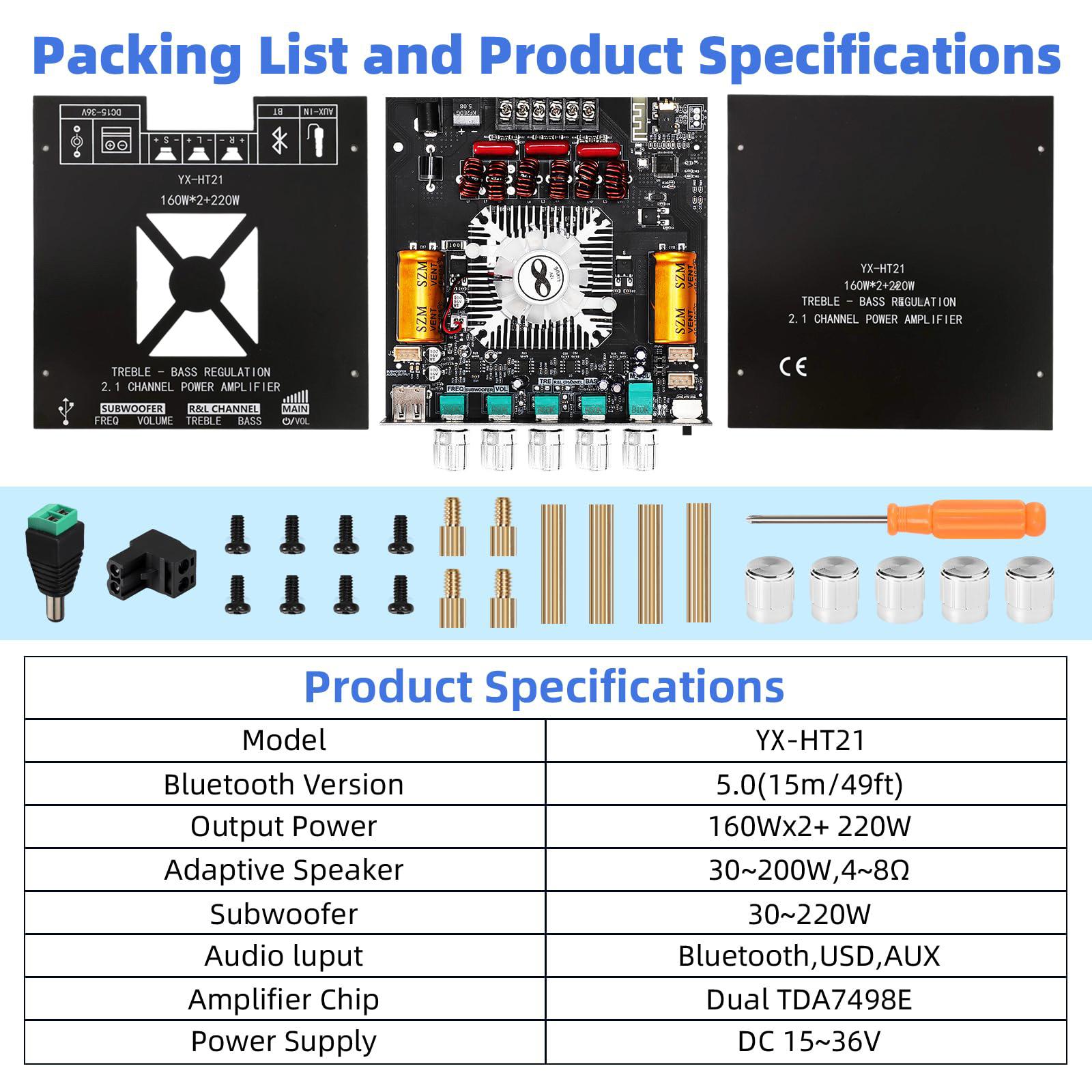 HT21 Upgraded 2.1 Channel Mini Wireless Hi-Fi Amplifier Board with TDA7498E Hi-Fi Chip, 160W×2+220W Home Amplifier, Supplier-Made, BT/USB/AUX Flexible Connectivity, Dual Expansion Ports, DC 15-36V, Easy Integration for DIY Home Speakers Customization