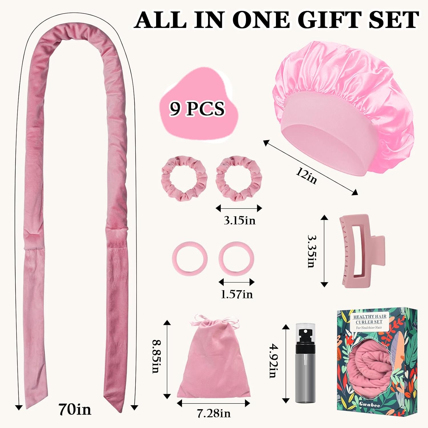 No Heat Overnight Curl Headband Soft Ribbon Curl Wrap for Long Hair - 9 PCS Rods Set with Bonnet