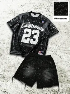 Men's short-sleeved T-shirt set, washed distressed rhinestone shorts and rhinestone number T-shirt, suitable for spring/summer and all seasons.