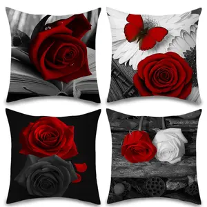 Valentine's Day Pillow Covers Set of 4, Heart Balloon Ribbon Design, Sweet Romantic Theme, Light, Seasonal Decor, Polyester Material