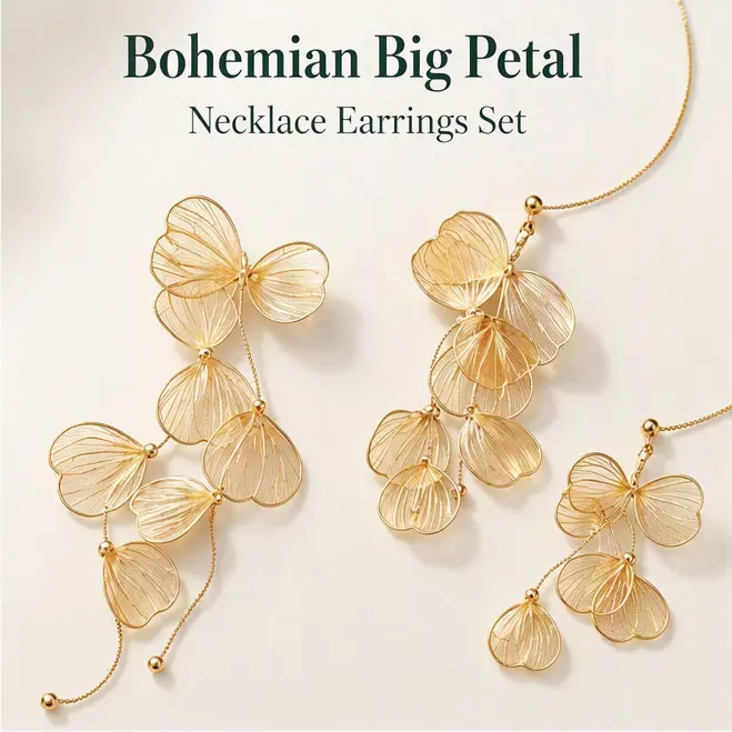Vintage Bohemian Jewelry,Romantic Accessory, Women's Boho Leaf Petal Tassel  Set, 14K Gold Plated Delicate Leaf & Petal Statement Necklace & Earrings, Elegant Natural Style Accessories, Romantic Gift for Wedding, Party & Evening OccasionsJ