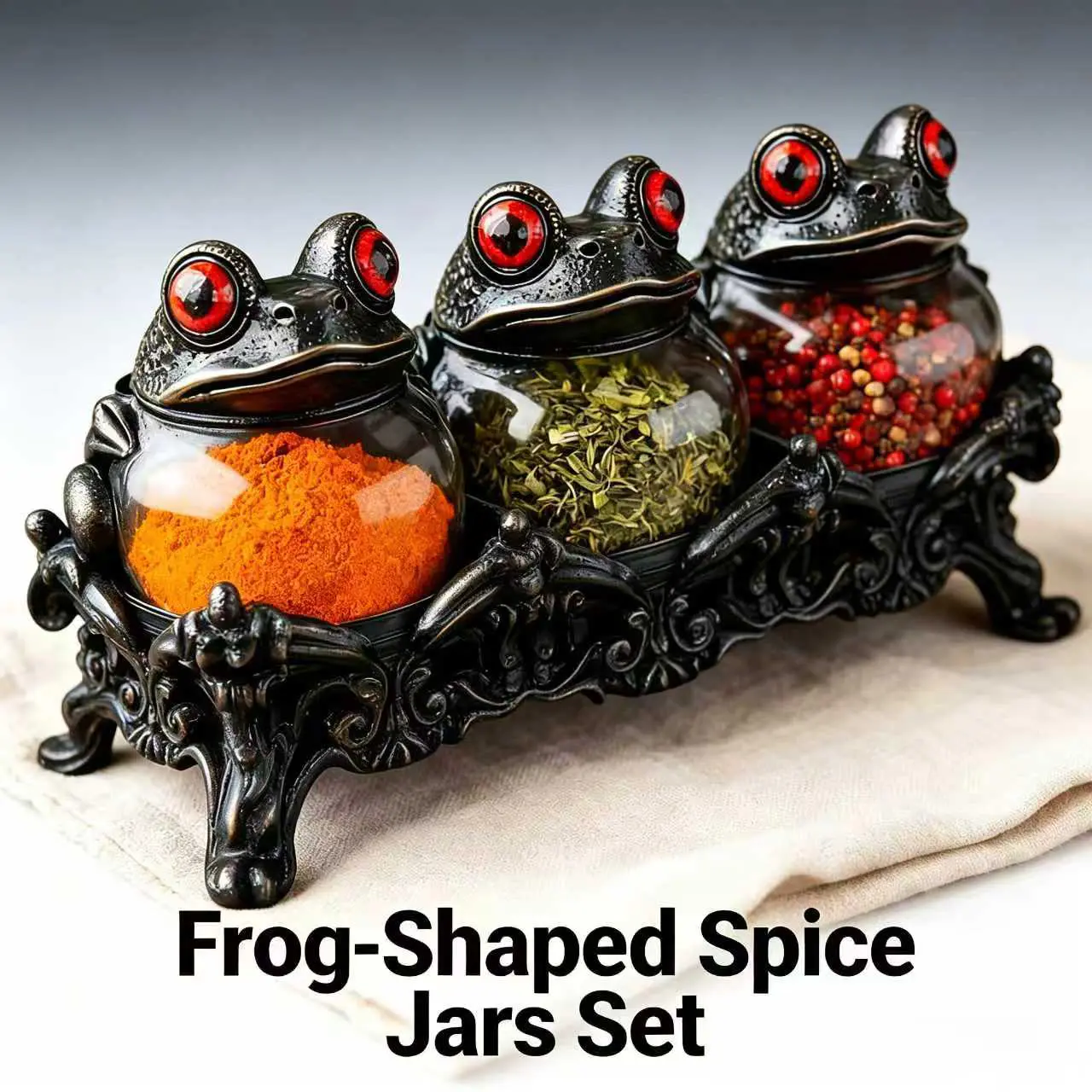 4-Piece Victoria Frog Spice Jar Set | Food-grade clear glass, eye-catching red-eyed frog lid + vintage Gothic carved base, for storing spices, tea, and grains, combining practical storage with Gothic Easter decorations.