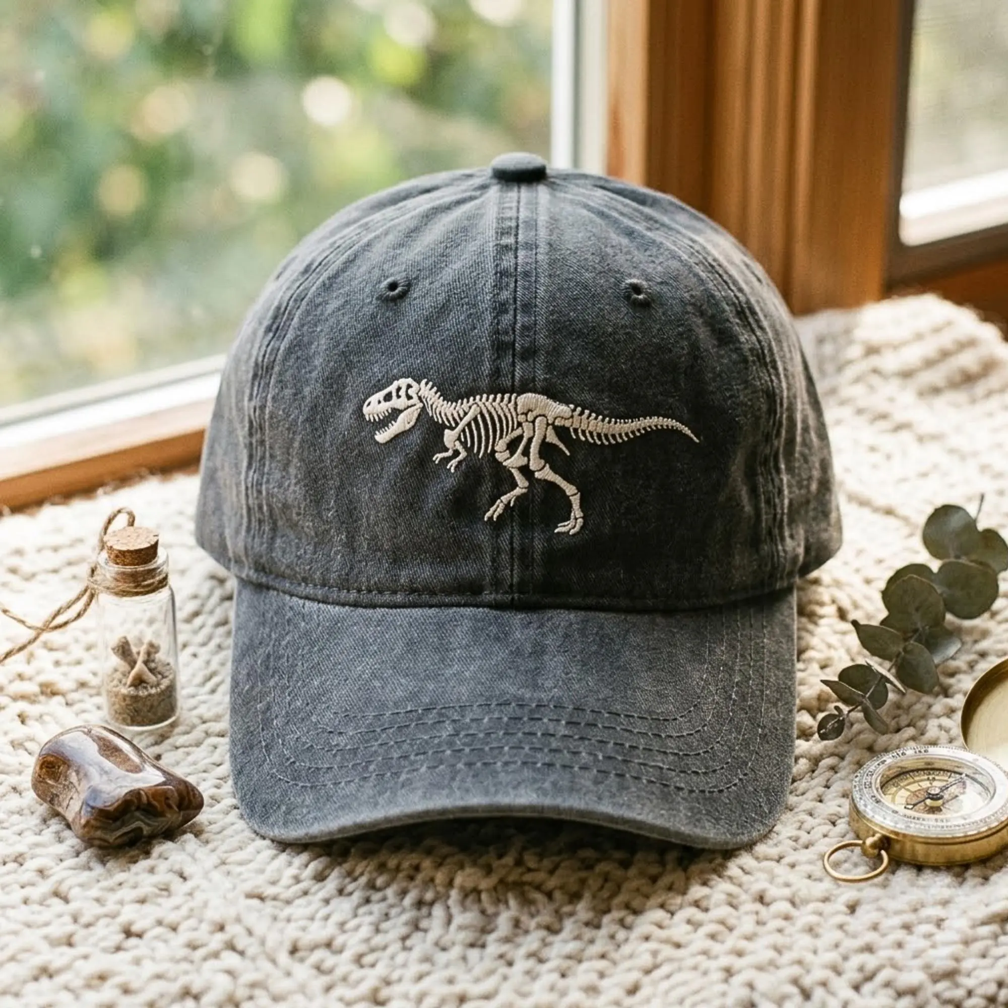 Washed Cotton Cap with Embroidered Dinosaur Skeleton – Adjustable Baseball Hat
