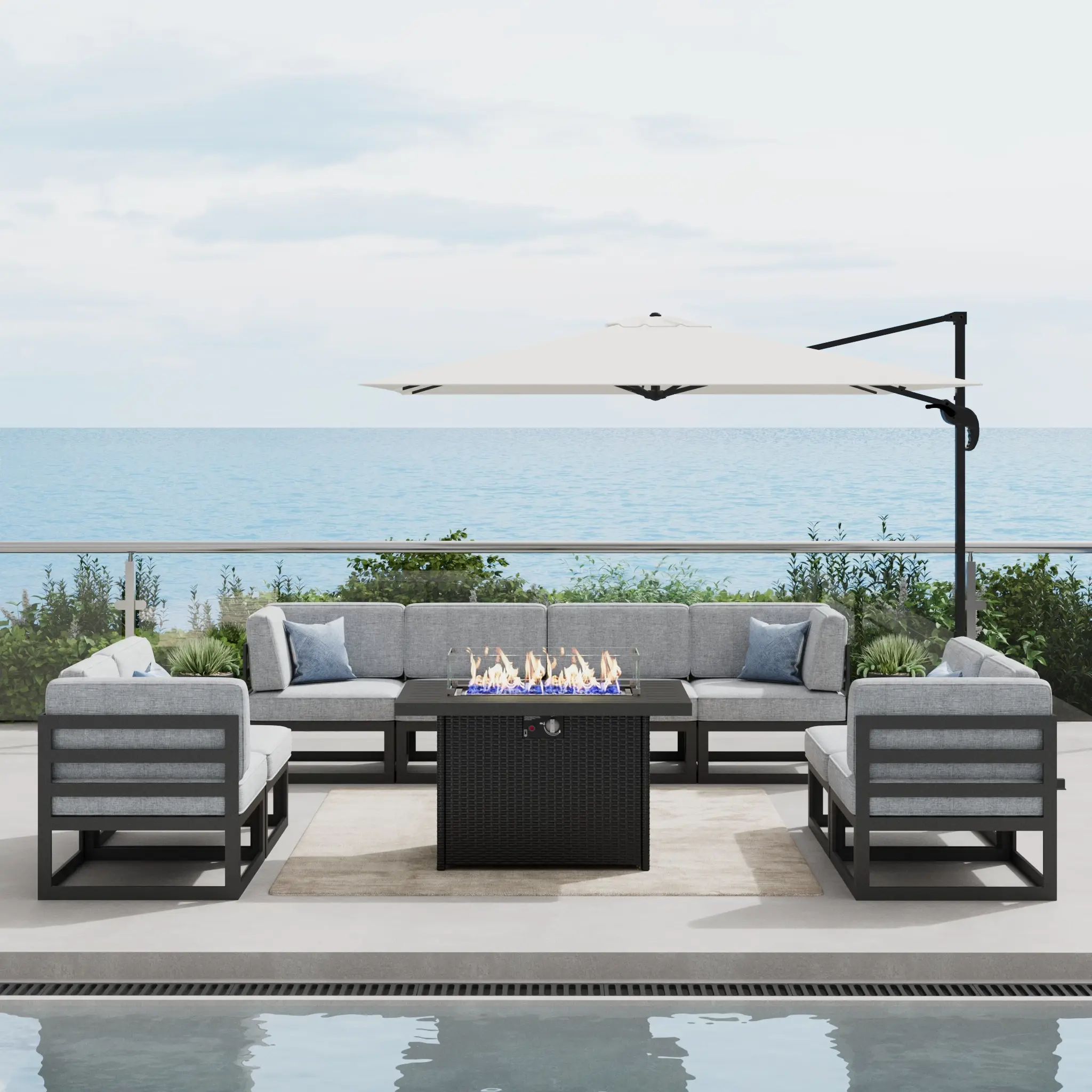 LayinSun Large Aluminum Patio Furniture Set with Fire Pit Table, 9-Pieces Modern Outdoor Conversation Set Sectional Metal Sofa Set with Olefin Cushion, Multiple Packages