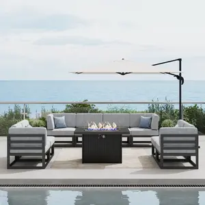 LayinSun Large Aluminum Patio Furniture Set with Fire Pit Table, 9-Pieces Modern Outdoor Conversation Set Sectional Metal Sofa Set with Olefin Cushion