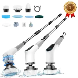 Cordless PowerSpin Electric Scrubber with 8 Replaceable Brush Heads, 3-Adjustable Extension Handle, 2-Adjustable Speeds for Bathroom, Kitchen, Cardboard Home Supplies Cleaning