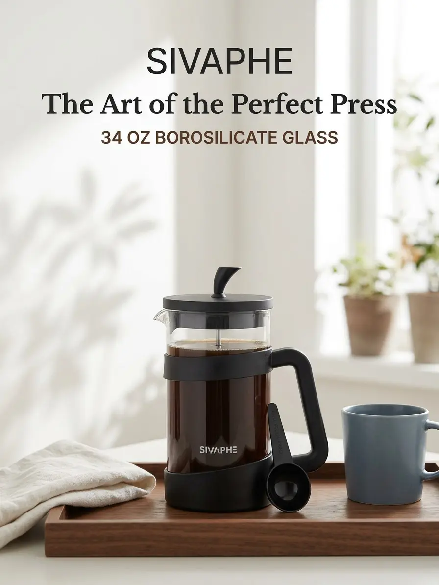 SIVAPHE 34 oz 8-Cup French Press Coffee Pot with Filter - Sturdy High Borosilicate Glass, Transparent Plastic, Foam-Producing, Rust-Proof, Easy-to-Clean, Compact for Home & Office