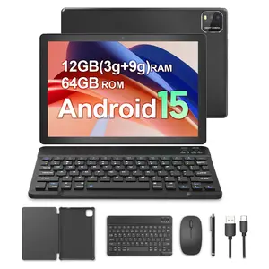 10.1 Inch Android 15 Tablet with 2-In-1 Keyboard and Mouse, Quad-Core Processor, 64GB ROM, 12（3+9）GB  RAM, Dual Cameras and 5g WiFi 6