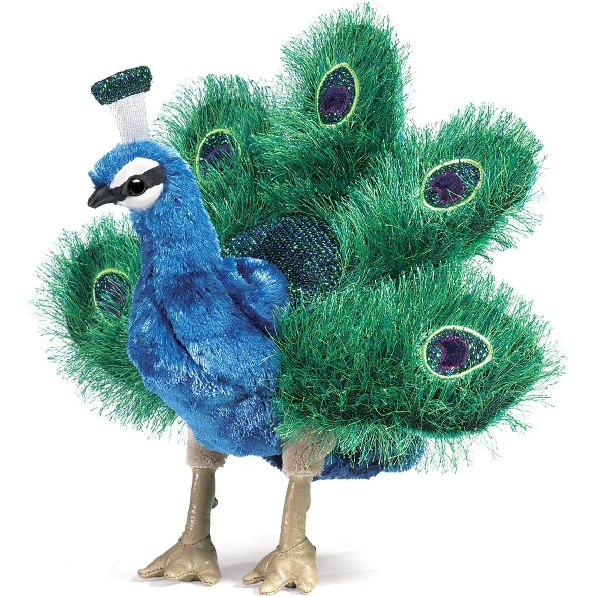 Small Peacock Hand Puppet, Blue; Green, Gold