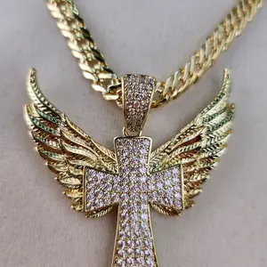 193 - Cross with Diamonds and Angel Wings 14K Goldplated Pendant Necklace for Men Women