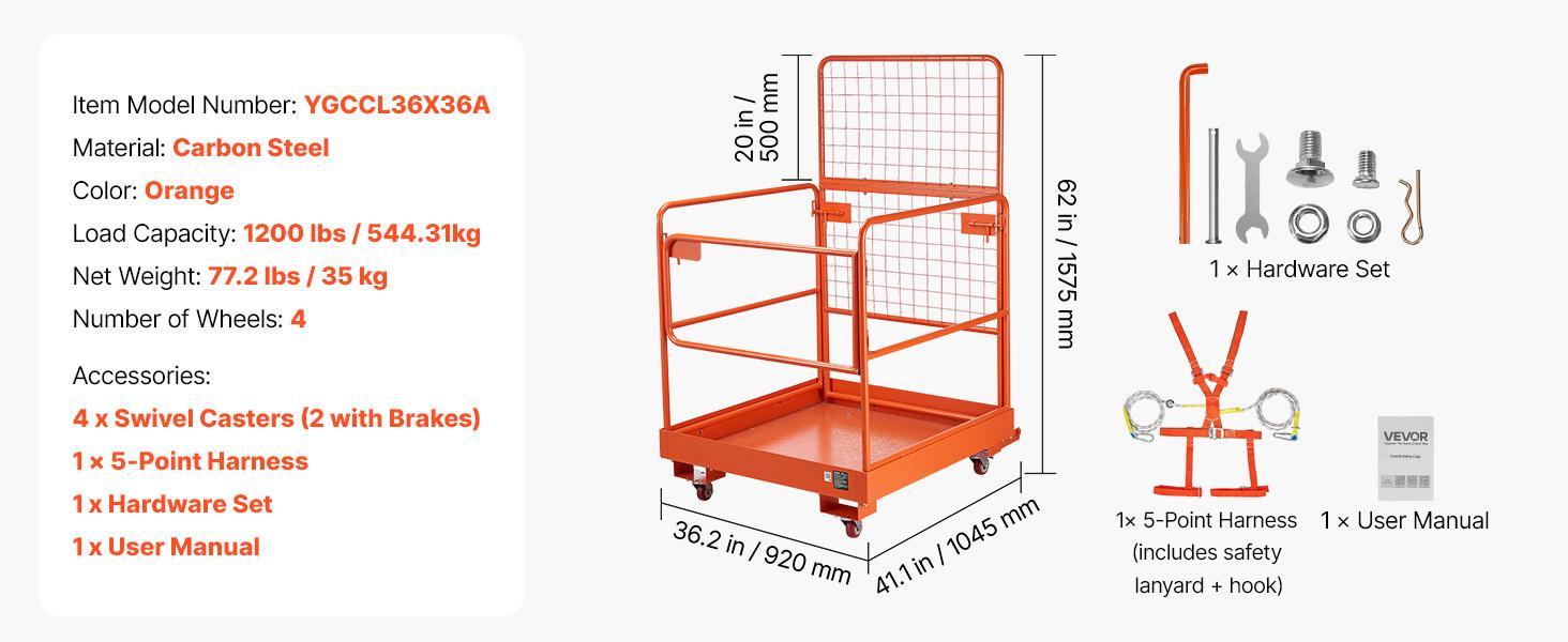 VEVOR Forklift Safety Cage, 36.2 x 41.1 Inch, Forklift Man Basket with 4 Wheels, 1200 lbs Capacity, Heavy Duty Work Platform Collapsible Lift Basket, Safety Harness, for Aerial Work Lifting Loader