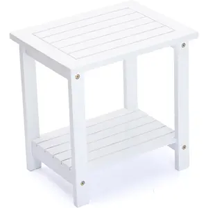 Outdoor Side Table, 2-Tier Acacia Wood End Table for Patio & Indoor Use, Small Rustic Accent Table for Covered Porch, Balcony, Living Room (White)