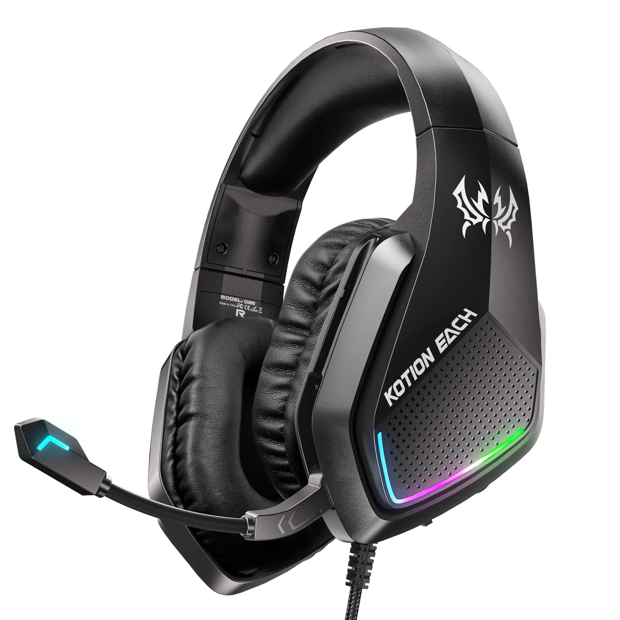 Unisex Over Ear G5000 Black Gaming Headset with 7.1 Surround Sound, Noise Cancelling Mic, RGB Lighting, 3.5mm Jack, Breathable Ear Cushions, Soft Memory Earmuffs for PC, Game Console Controller, In-Line Ctrl, Comfortable For Long Gaming Sessions, Enhances