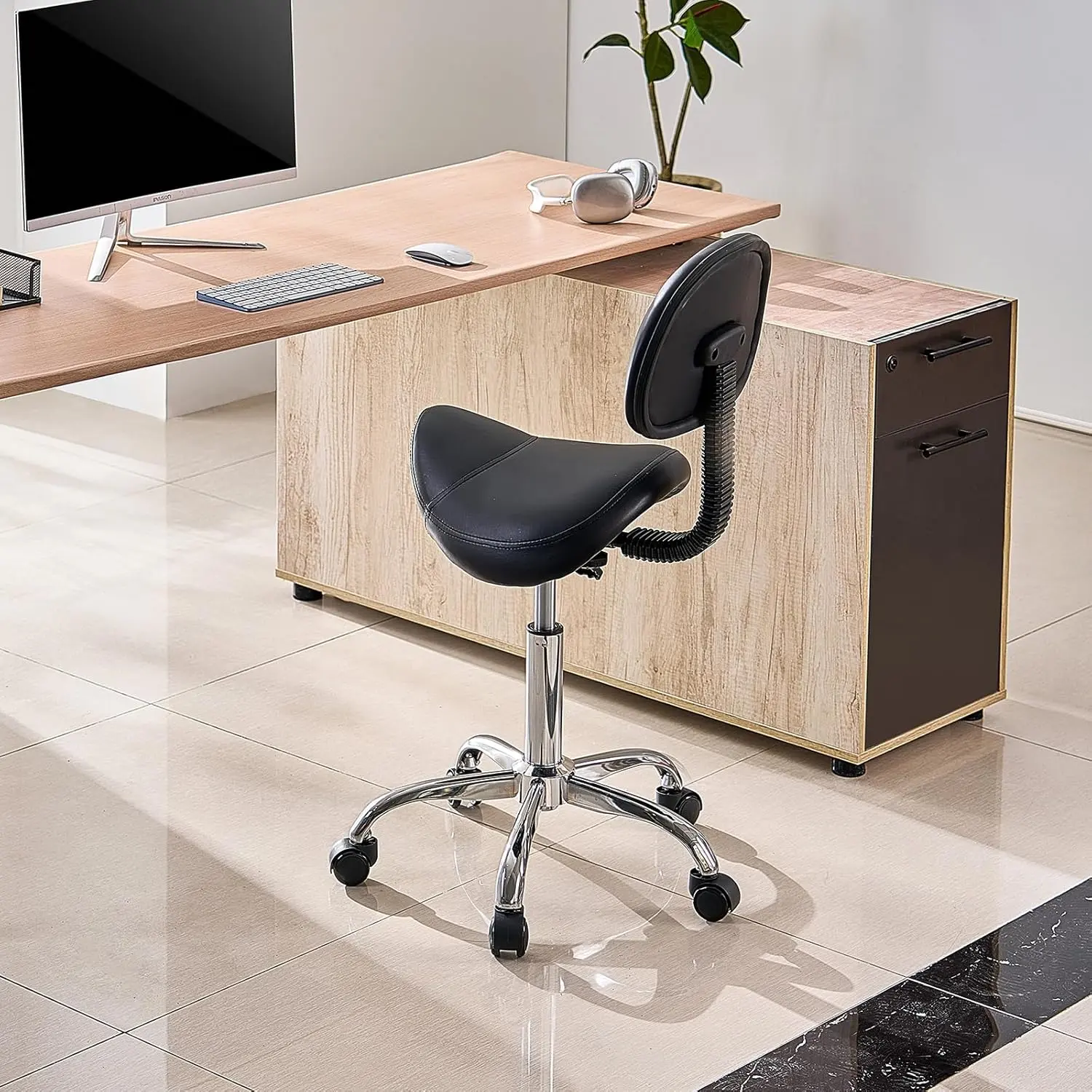 Ergonomic Saddle Stool with Back Support, Wheels, Swivel Feature, 450 LBS Capacity, Thick PU Leather, Height Adjustable, Sturdy 21.3 in/54 cm Width Tattoo Chair for Salon, Spa