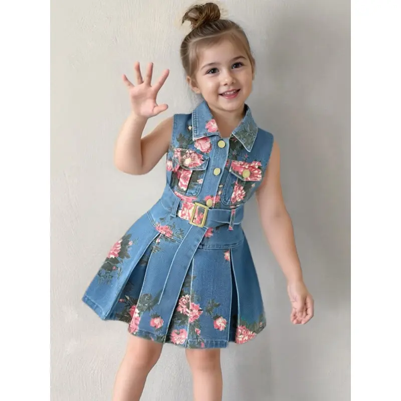 3-7Y Girls' Belted Waist A-Line Printed Denim Dress - Collared Sleeveless Pleated Spring Summer Dress, Slim Fit Princess Style, 100% Soft Versatile Kids' Clothes for Vacation & Outings, Belted Waist Fit