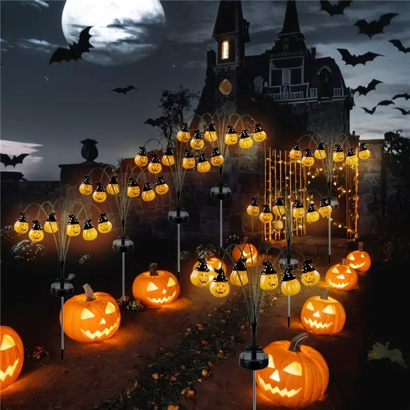 Halloween LED Solar Pumpkin Lights 4 Pack 24LED Orange Jack-O-Lanterns for Pathways Lawns Gardens Patios Wind Activated High Flexibility Wire Swing Festive Atmosphere Switchback Long Time