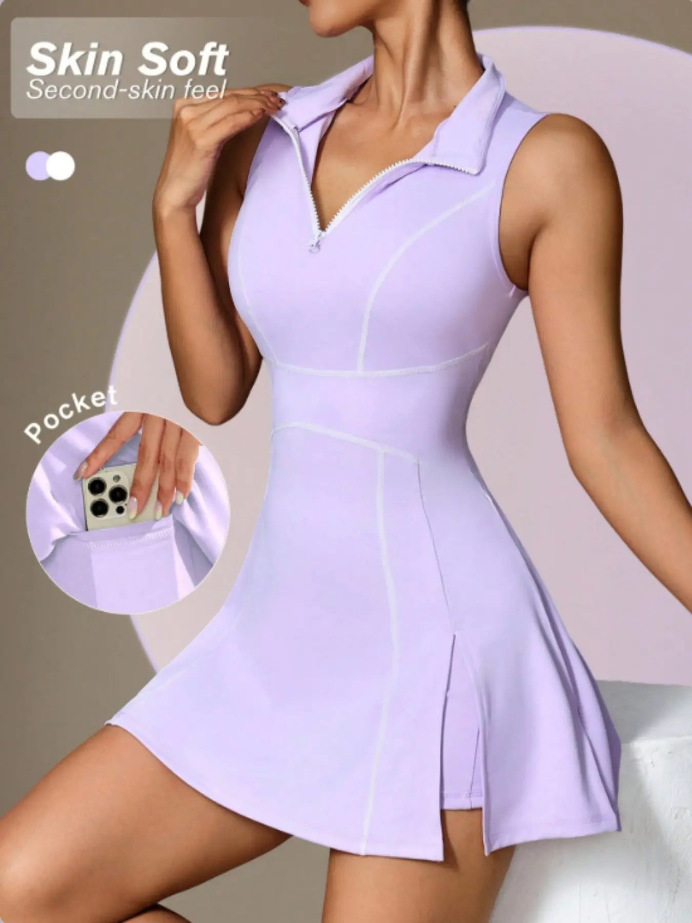 Women's Solid Half Zip Up Sports Dress & Skinny Shorts Two-piece Set, Sporty Casual Breathable Outfits for Yoga Gym Workout, Ladies Sportswear for All Seasons, Tennis Dress With Shorts, Athletic Dress, Workout Active Dress