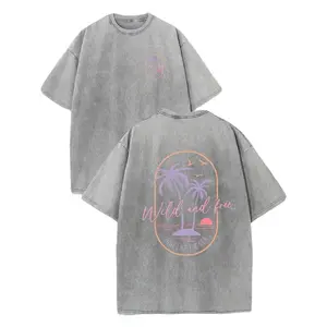 Men's Heavyweight 230g Washed Cotton T-Shirt, Retro Surf Style Tropical Beach Sunset Palm Tree Print, Light Pink & Orange Vintage Design,Loose Casual Crew Neck Short Sleeve, Soft Breathable Summer Top for Vacation & Daily Wear Menswear graphic tee t shirt