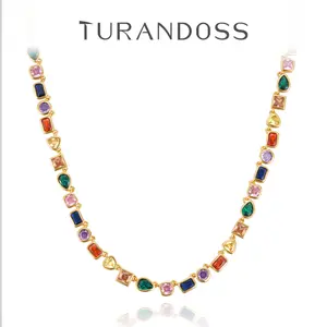Turandoss 14K Gold Plated Multicolor Gemstone Tennis Necklace – Colorful CZ & Emerald Chain, Adjustable, Stylish Gift Jewelry for Him & Her