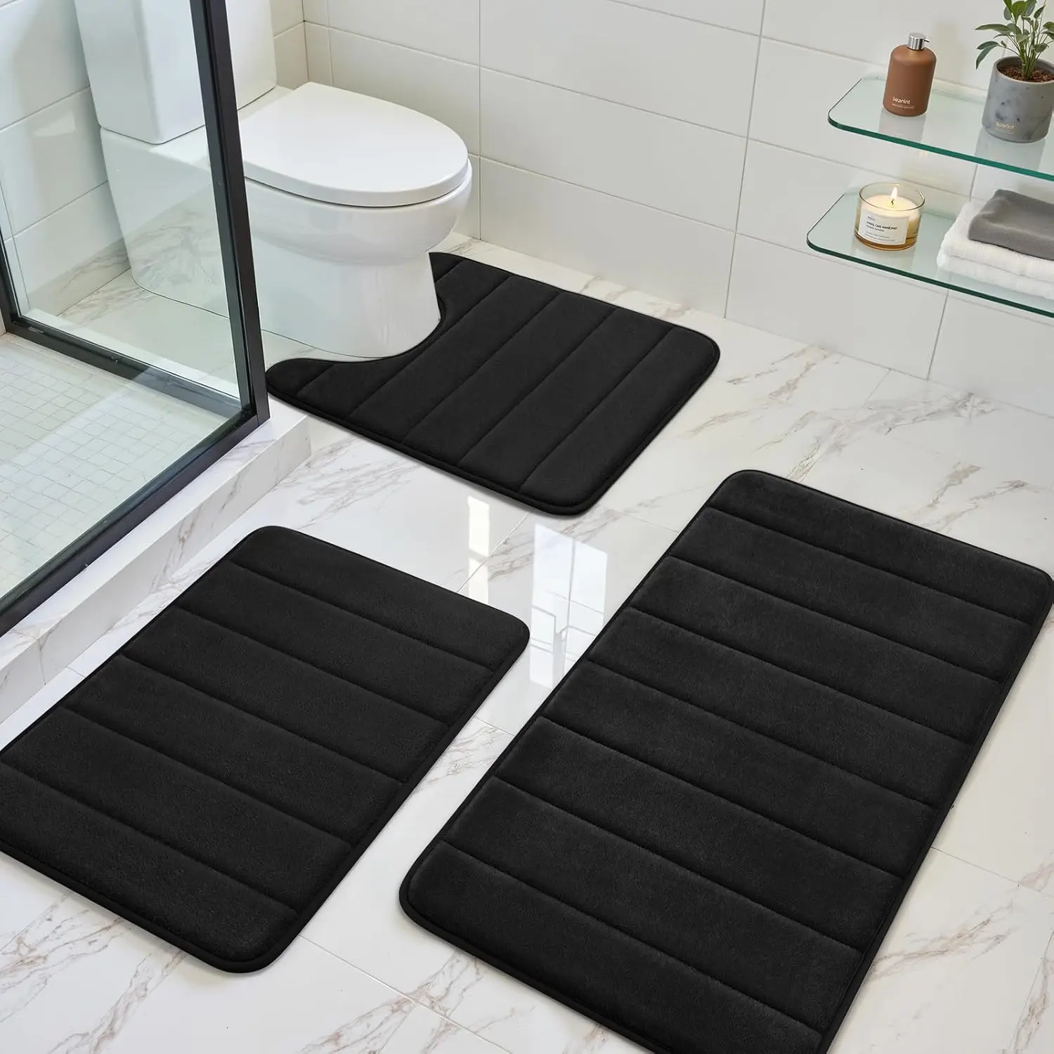 Black Polyester Synthetic Memory Foam 3-Piece Bathroom Rug Combo Set - Non-Slip Antislip Bathroom Mats, Extra Soft, Absorbent, Machine Washable Toilet Bath Mat Cover, Combo Set Bath Mats