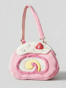 Cute atmosphere, exquisite soft and cute plush cake roll shoulder crossbody bag, embellished with strawberry frosting, gradient heart shape, gentle pink tone, sweet style, suitable for various casual dressing scenes