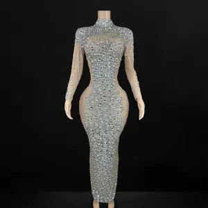 Sheer Mesh All Over Rhinestone Embellished Crystal Dress V2