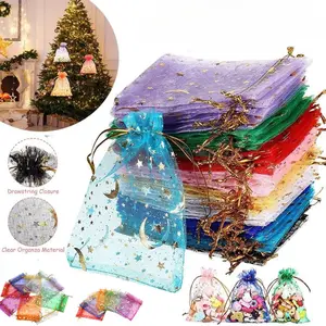100 PCS Organza Bags, Sheer Drawstring Gift Pouches with Mixed Colors Moon and Star Design, Small Mesh Favor Bags for Jewelry Party Favors Candy, Wedding Valentine's Day Christmas Thanksgiving Bulk Supply