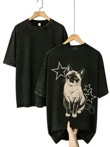 Viral TikTok Siamese Cat Star Print Acid Wash Tee | Cute Y2K Grunge Oversized Unisex T-Shirt for Cat Lovers Graphic Album good vintage world tshirts