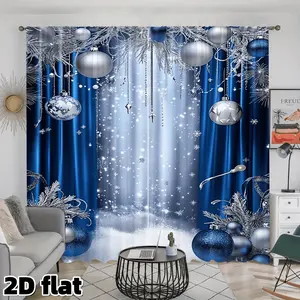 2D Flat 2Pcs Christmas Baubles Print Curtains Blue Silver Snowflake Pattern Rod Pocket Design Semi Sunshade Polyester Fabric Holiday Theme Window Treatment for Living Room Bedroom Balcony Kitchen Study Festive Decor Anti Privacy Home Decoration Curtain