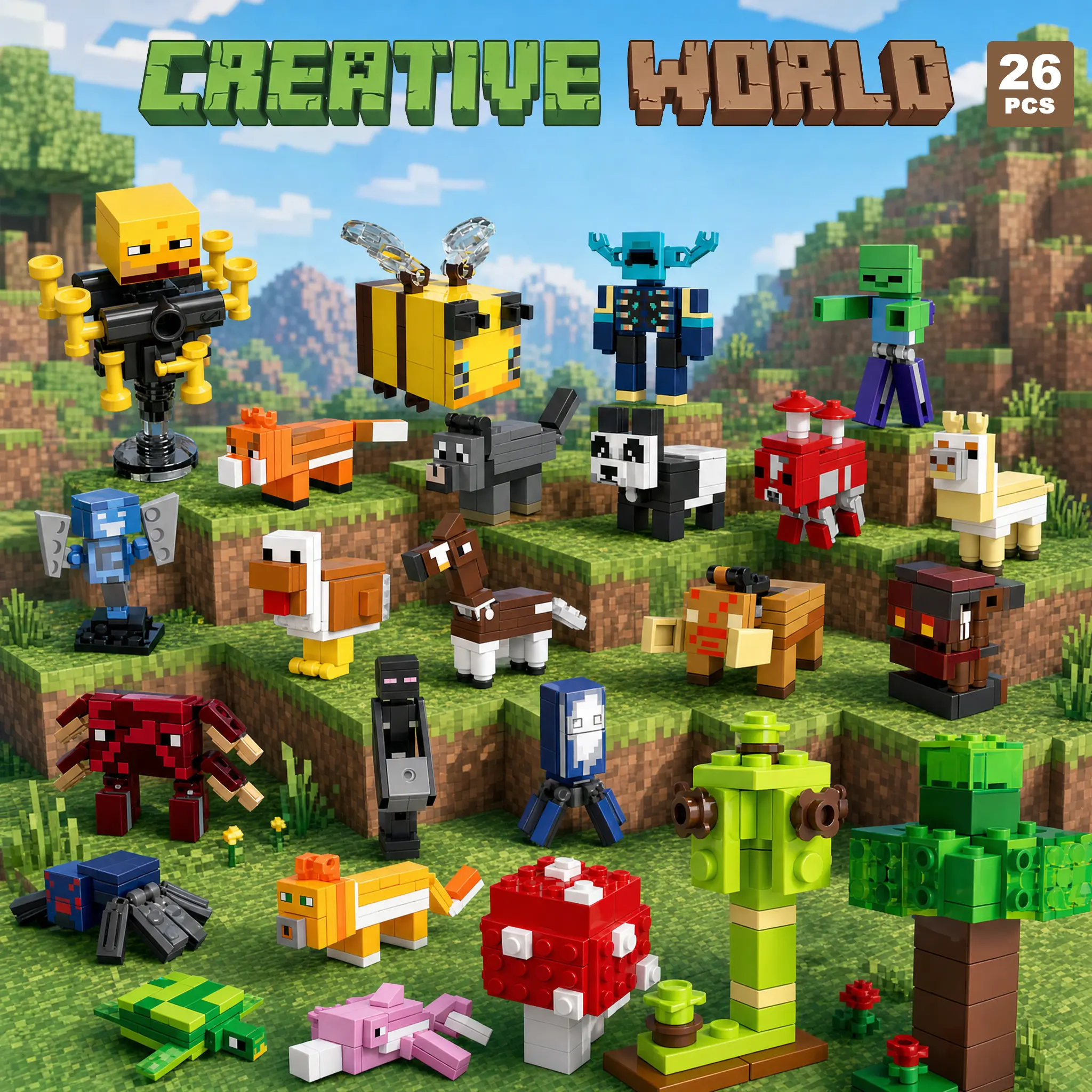 Creative Pixel Style Animal Building Blocks (24-Pack) - Sandbox World Mini Toy Figures with Individual Assembly Guides, Ideal Birthday Party Favors & Classroom Prizes for Boys Girls 6+