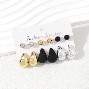 Fashion Jewelry 6 Pairs Teardrop & Ball Chunky Stud Earrings Gold Silver Plated Black Tone Lightweight Drop Earrings for Women