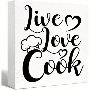Kitchen Sign Decor, Kitchen Wood Box Signs, Live Love Cook Sign Wood Block Signs for Kitchen Table Decor, Kitchen Wood Box Signs for Shelf Counter Decorative 5x5 inch