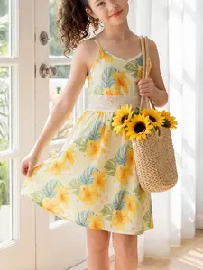 Girls Tropical Hibiscus Print Spaghetti Strap Floral Print Dress with Adjustable Shoulder Strap Lace Waist A-Line Sundress for Kids Beach Vacation Summer Outfit